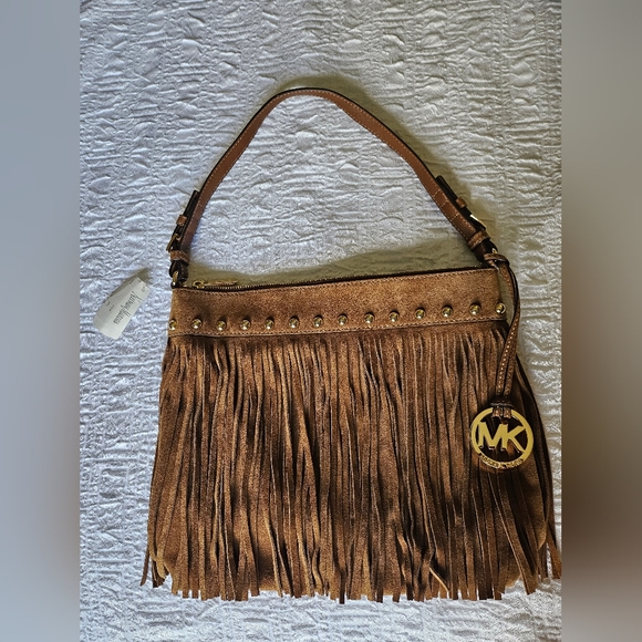 Michael Kors Brown Suede Gold Tassels Fringe Designer Purse Shoulder Bag - Picture 13 of 16